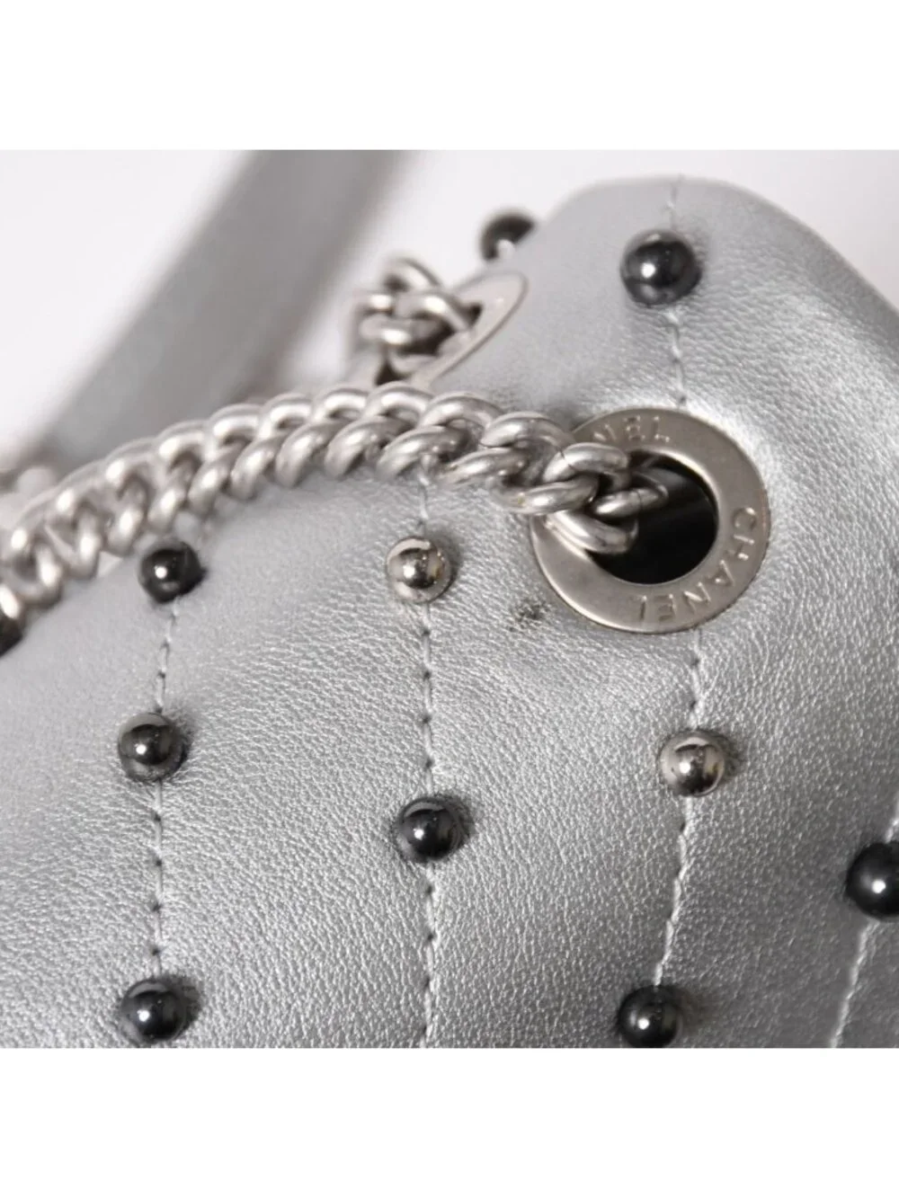 Chanel Chevron Stud Wars Chain Shoulder Bag CC Logo Calfskin Silver